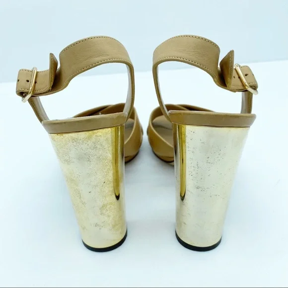 Salvatore Ferragamo Gold Block Heel Leather Sandals - Picture 7 of 11